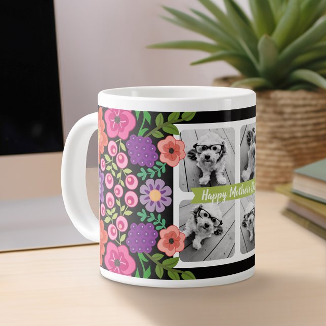 Happy Mother's Day Photo Collage - Girly Flowers Giant Coffee Mug (Personalized mug)