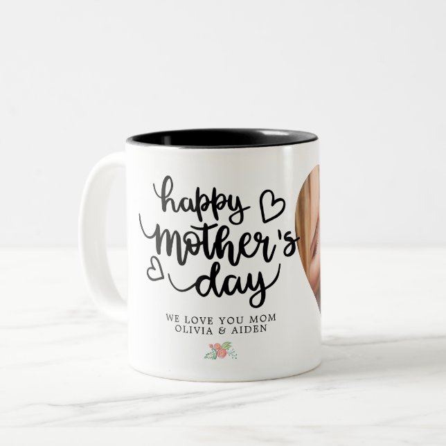 Happy Mother's Day Photo Custom Text Floral  Two-Tone Coffee Mug (Front Left)