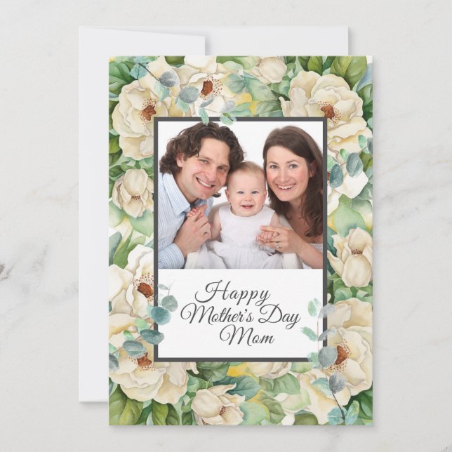 Happy Mother's Day Photo Floral Eucalyptus Script Holiday Card (Front)