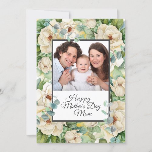 Happy Mothers Day Photo Floral Eucalyptus Script Holiday Card