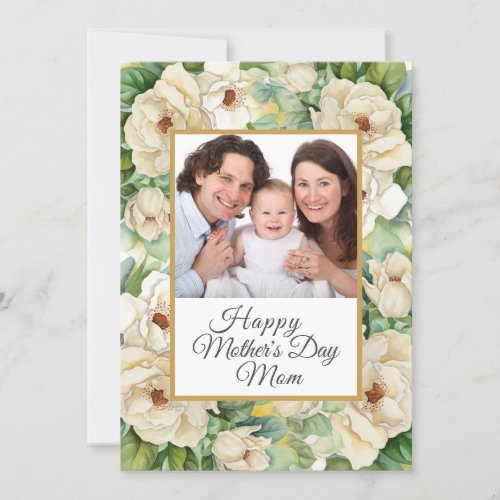 Happy Mothers Day Photo Floral Gold Name Script Holiday Card
