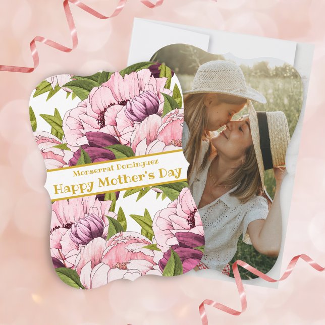 Happy Mother's Day Photo Gold Pink Peony Floral Holiday Card (Creator Uploaded)