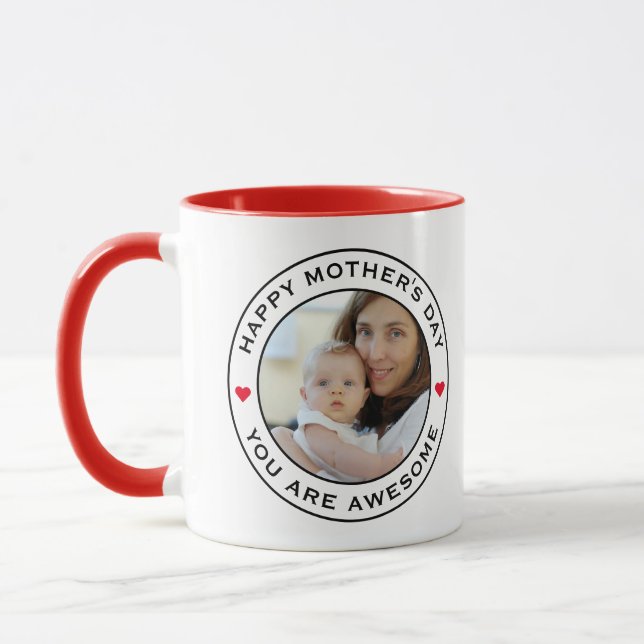 Happy Mothers Day Photo Heart Red White Black Text Mug (Left)