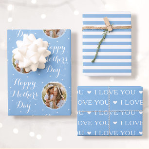 Happy Mother's Day Photo I Love You Blue 3 Set Wrapping Paper Sheets