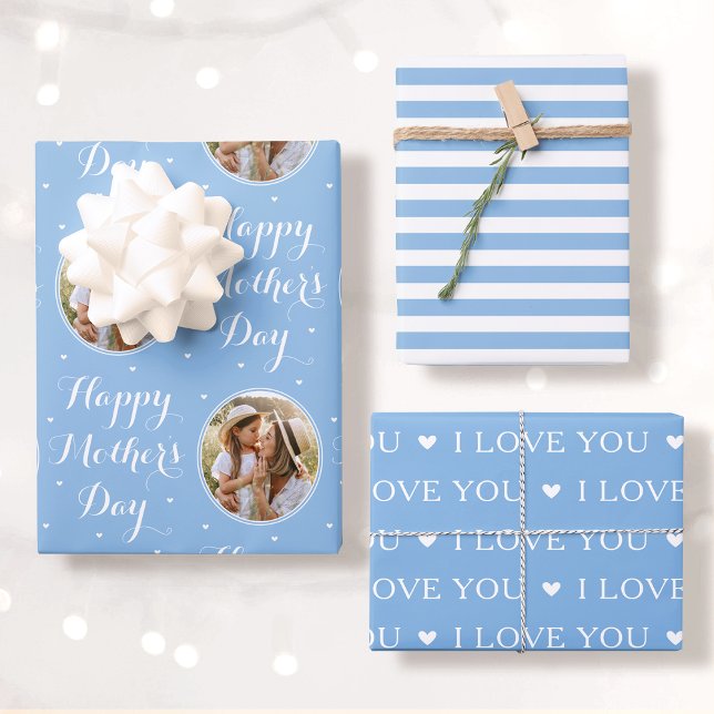Happy Mother's Day Photo I Love You Blue 3 Set Wrapping Paper Sheets (Creator Uploaded)