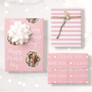 Happy Mother's Day Photo I Love You Pink 3 Set Wrapping Paper Sheets