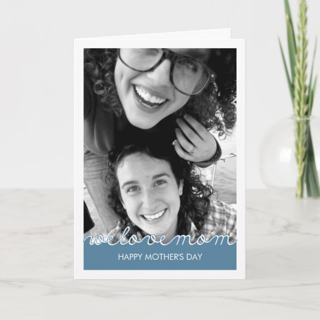 Happy Mothers Day Photo Love Mom Navy Blue White Card (Front)