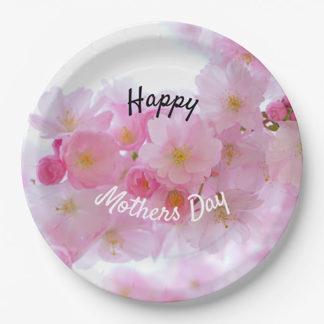 Happy Mothers Day Pink Cherry Tree Paper Plates (Front)