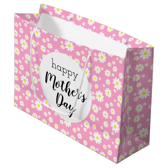 Happy Mother's Day Pink Daisy Flower Pattern Large Gift Bag (Front Angled)