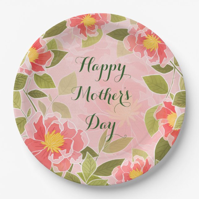 Happy Mother's Day, pink floral design, Paper Plates (Front)