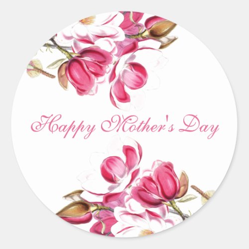 Happy Mothers Day Pink Floral script Classic Round Sticker