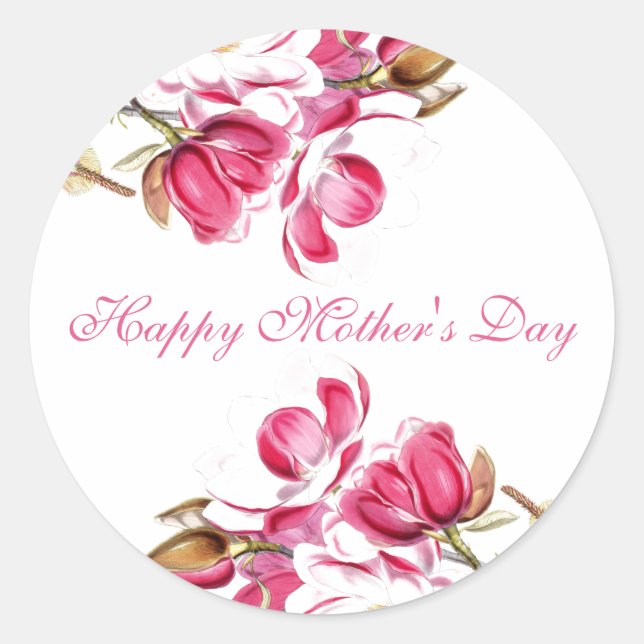 Happy Mother's Day Pink Floral script Classic Round Sticker (Front)
