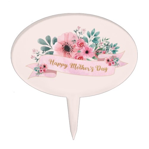 Happy Mothers Day Pink Floral Watercolour Cake Topper