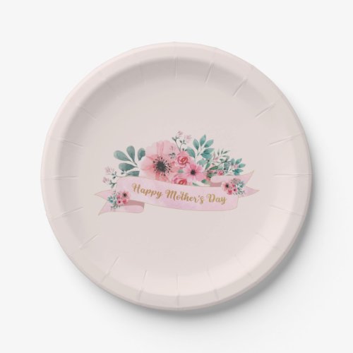 Happy Mothers Day Pink Floral Watercolour Paper Plates