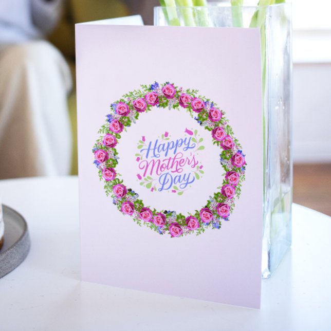 Happy Mothers Day Pink Floral Wreath Holiday Card (Creator Uploaded)
