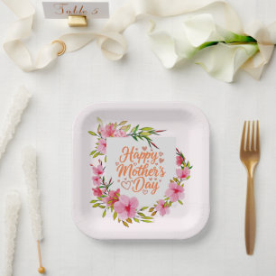 Happy Mother's Day Pink Floral Wreath Paper Plates