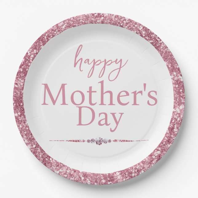 Happy Mother's Day Pink Glitter and Diamonds Paper Plates (Front)