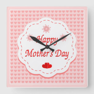 "HAPPY MOTHER'S DAY " PINK HEARTS SQUARE WALL CLOCK