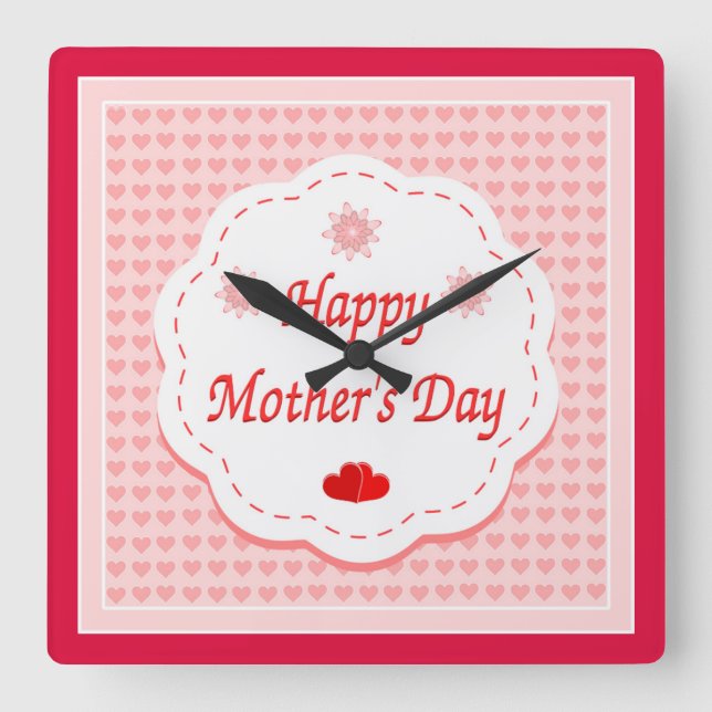 "HAPPY MOTHER'S DAY " PINK HEARTS SQUARE WALL CLOCK (Front)