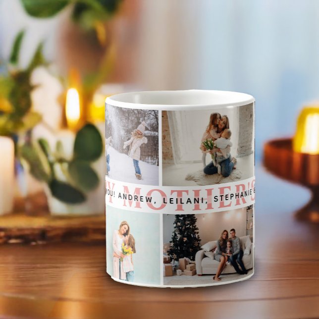 Happy Mother's Day Pink Photo Collage Coffee Mug (This 8 photo collage mug features 2 square photos and the remaining 6 horizontal photos. )