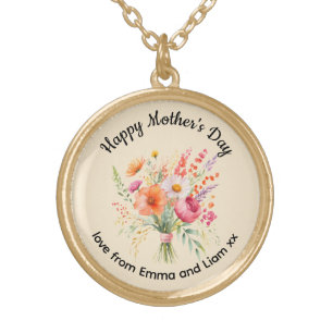 Happy Mother's Day Pretty Flowers Personalized Gold Plated Necklace