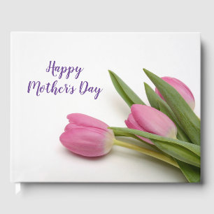 Happy Mothers Day Purple Script Pink Tulips Floral Guest Book