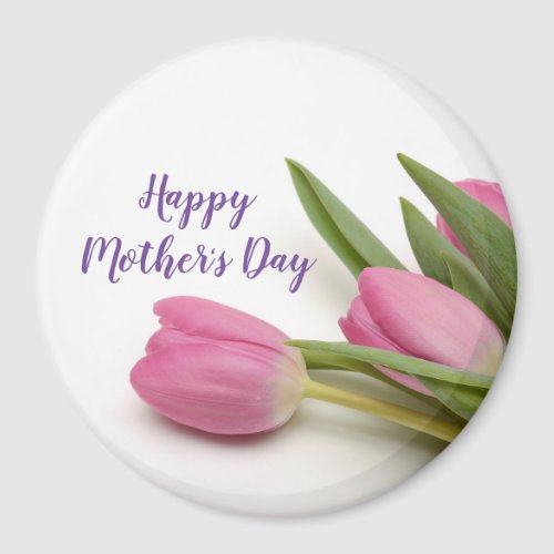 Happy Mothers Day Purple Script Pink Tulips Magnet