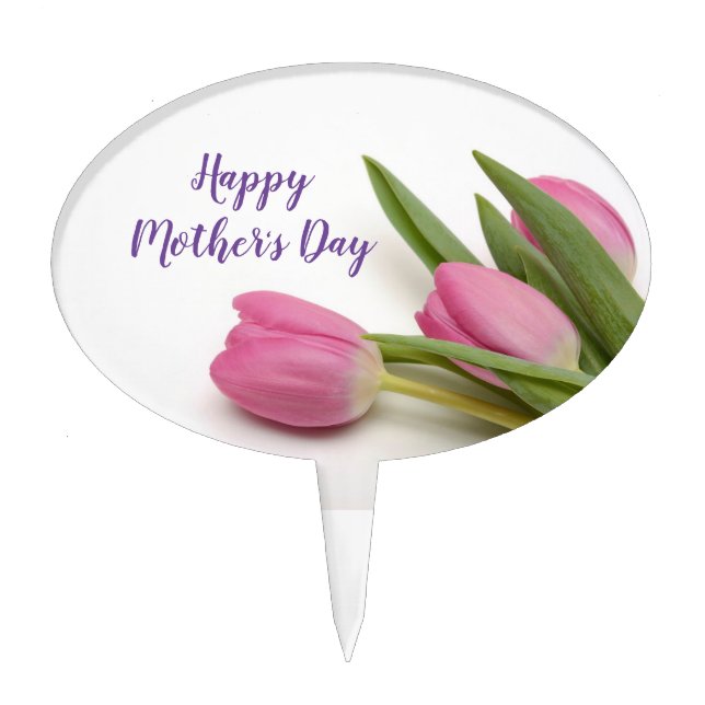 Happy Mother's Day Purple Script with Pink Tulips Cake Topper (Front)