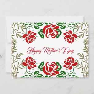 Happy Mothers Day Red Rose Floral Greenery Cute Holiday Card