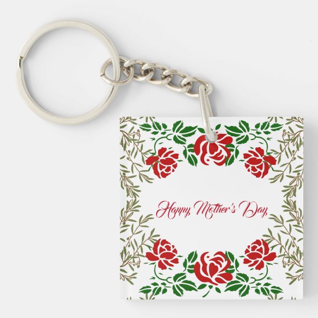 Happy Mothers Day Red Rose Floral Greenery Cute Keychain (Front)