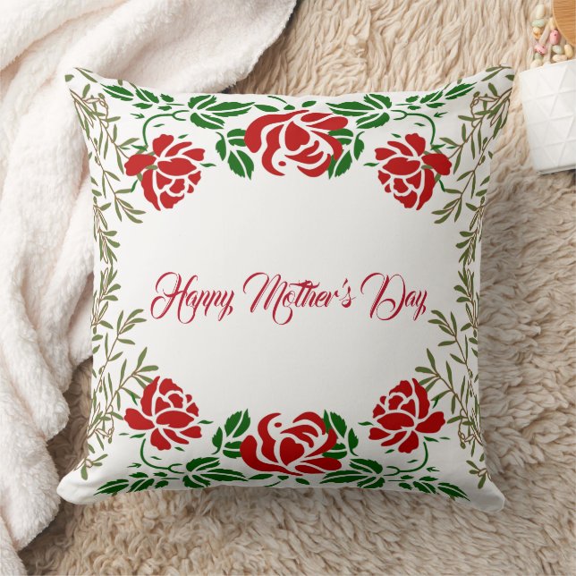 Happy Mothers Day Red Rose Floral Greenery Cute Throw Pillow (Blanket)