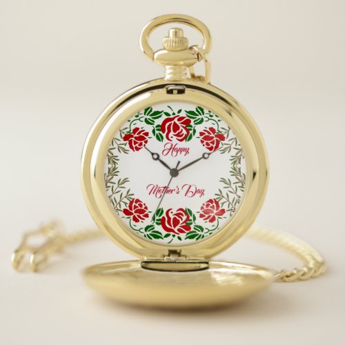 Happy Mothers Day Red Rose Floral Greenery Elegant Pocket Watch