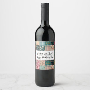 Happy Mother's Day - Retro Cute Quilt Pattern Wine Label