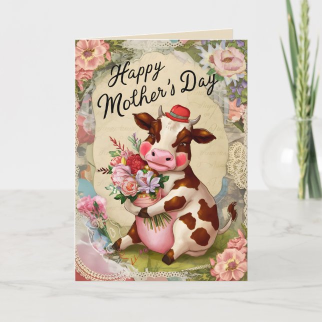 Happy Mother's Day Retro Vintage Cow Card (Front)