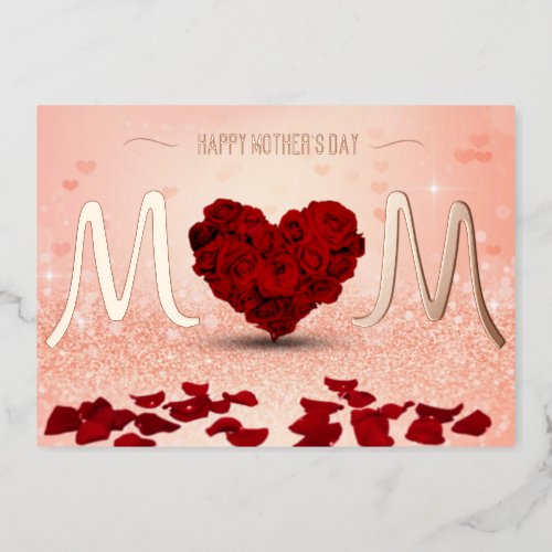 Happy Mothers Day Rose Heart Bouquet Foil Holiday Card