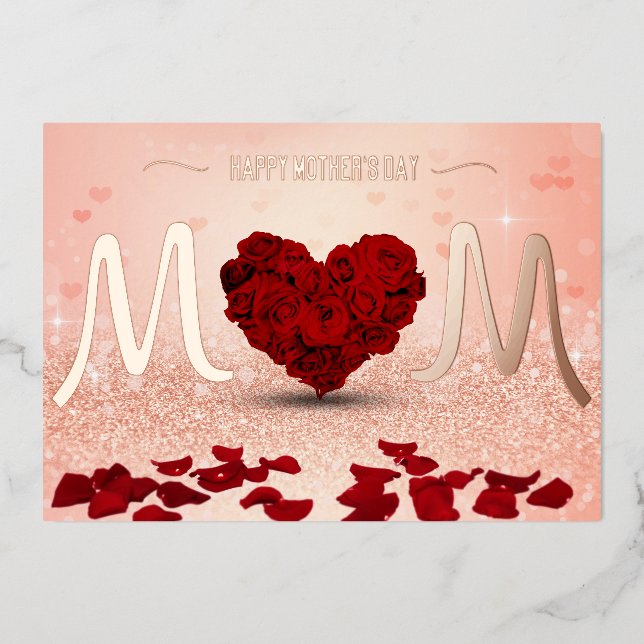 Happy Mother's Day Rose Heart Bouquet Foil Holiday Card (Front)
