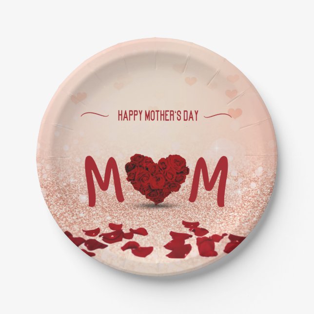 Happy Mother's Day Rose Heart Bouquet Paper Plates (Front)