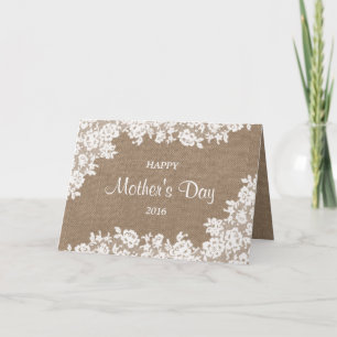 Happy Mother's Day   Rustic Burlap & White Lace Card