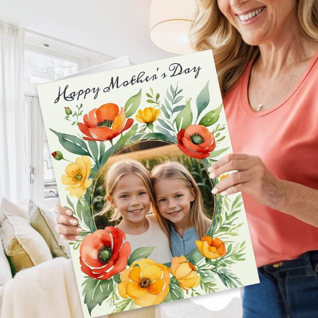 Happy Mother's Day Rustic Floral Large Photo Card (A large card for Mother's Day, with custom photo surrounded by red and yellow floral wreath)