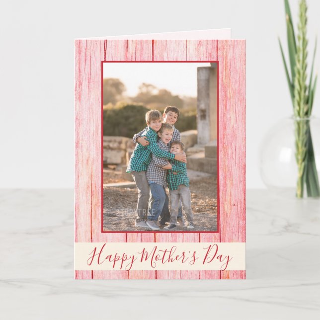 Happy Mother's Day Rustic Red Wood Photo Card (Front)