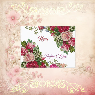 Happy Mothers Day Rustic Rose Floral Green Foliage Holiday Postcard