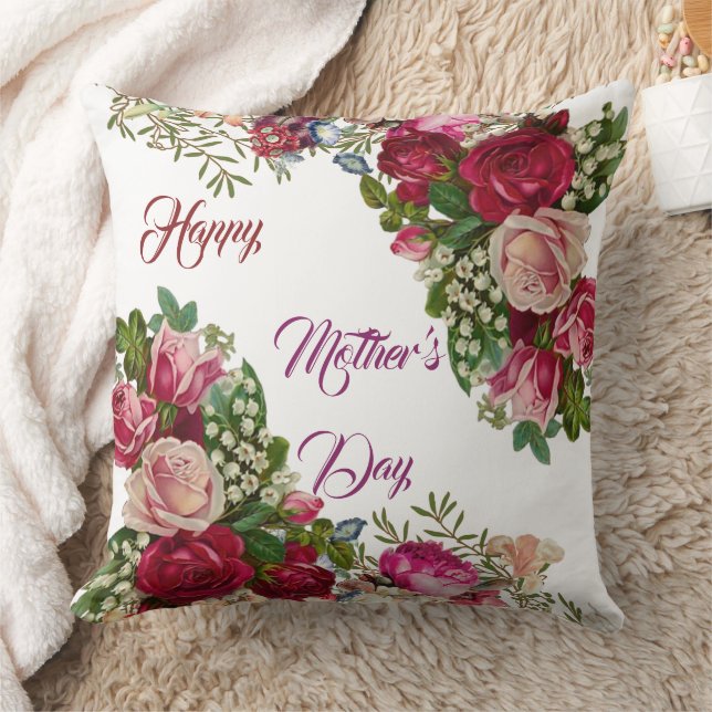Happy Mothers Day Rustic Rose Floral Green Foliage Throw Pillow (Blanket)