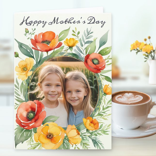 Happy Mother's Day Rustic Wildflower Custom Photo Holiday Card (A pretty Mother's Day card, with custom photo in a rustic floral surround in a watercolor style)