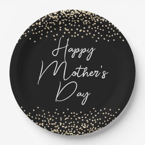 Happy Mothers Day Script Black and Gold Glitter Paper Plates