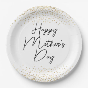 Happy Mother's Day Script & Gold Glitter Confetti Paper Plates