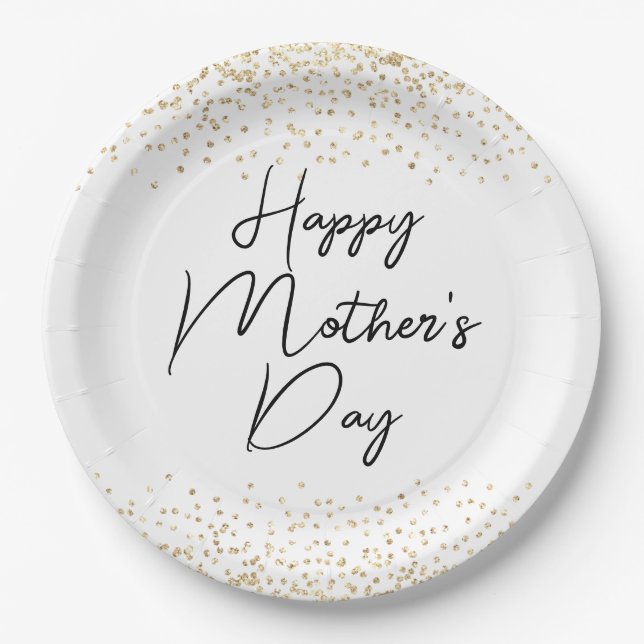 Happy Mother's Day Script & Gold Glitter Confetti  Paper Plates (Front)