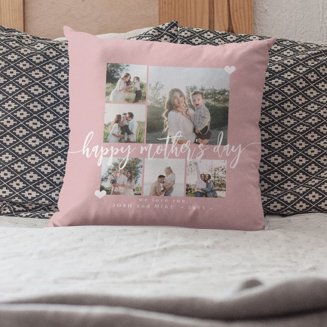 Happy Mothers Day script photo collage pink Throw Pillow (Creator Uploaded)