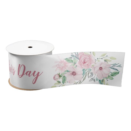 Happy Mothers Day Script Pink Peony Floral Sprays Satin Ribbon