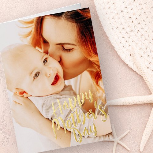 Happy Mothers Day Simple Modern Custom Photo Foil Holiday Card