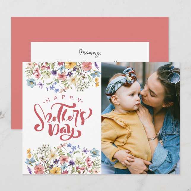 Happy Mothers Day Spring Floral Mom Photo Message Holiday Card (Front/Back)